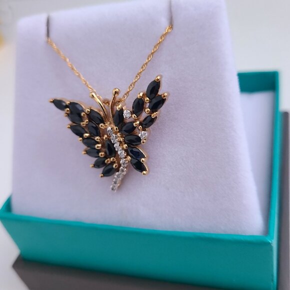 Genuine Midnight Sapphire and Diamond Butterfly Pendant - Picture 2 of 7